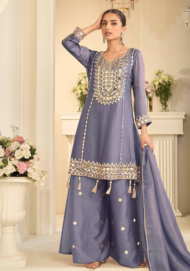 Blue silk mirror work salwar suits free size up to 42