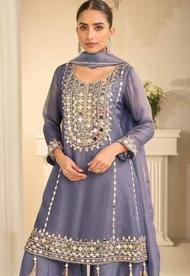 Blue silk mirror work salwar suits free size up to 42 2