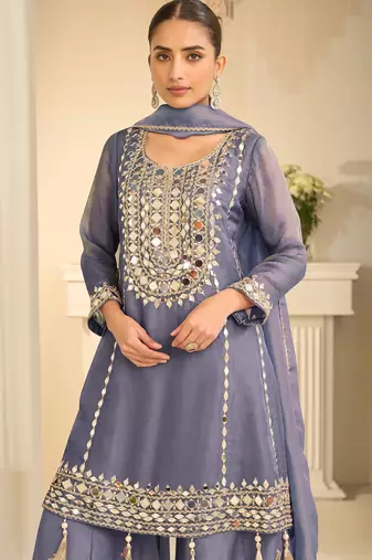Blue silk mirror work salwar suits free size up to 42