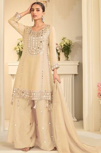 Beige silk mirror work salwar suits free size up to 42