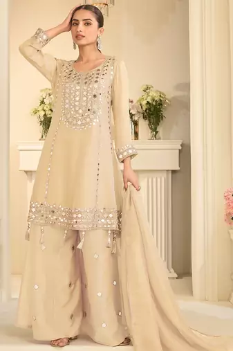 Beige silk mirror work salwar suits free size up to 42