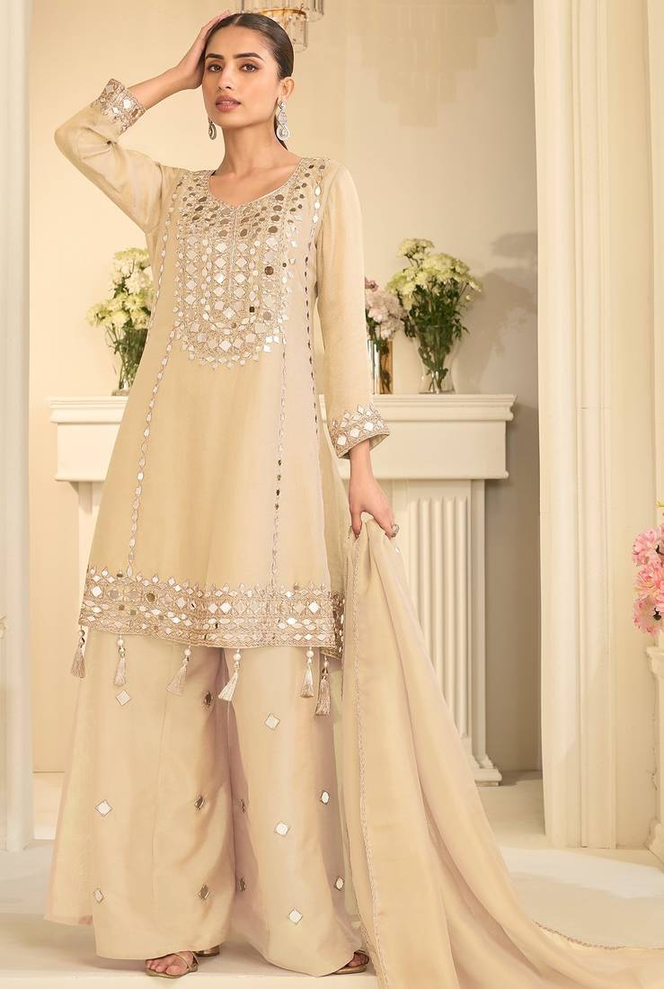 Beige silk mirror work salwar suits free size up to 42