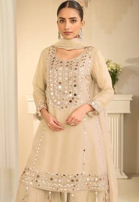 Beige silk mirror work salwar suits free size up to 42 2
