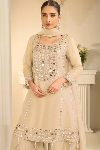Beige silk mirror work salwar suits free size up to 42