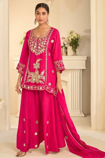 Pink silk blend mirror work salwar suits free size up to 42