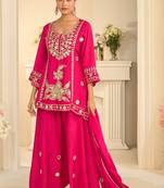 Pink silk blend mirror work salwar suits free size up to 42