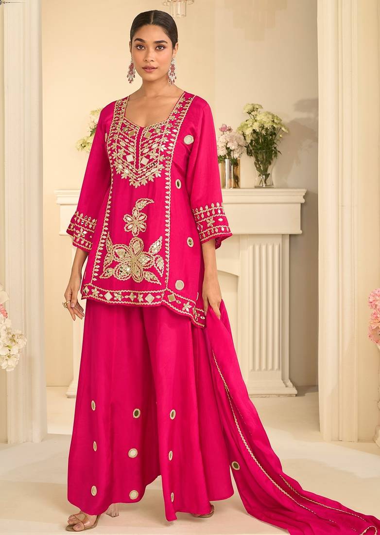 Pink silk blend mirror work salwar suits free size up to 42