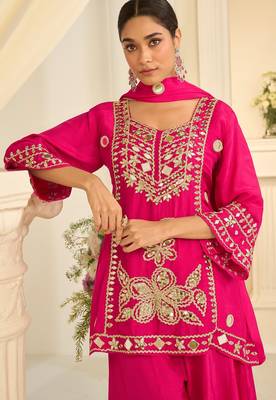 Pink silk blend mirror work salwar suits free size up to 42 2