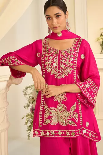 Pink silk blend mirror work salwar suits free size up to 42