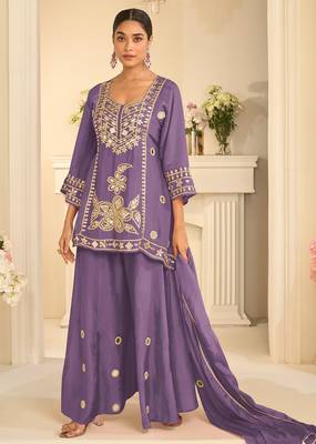 Lavender silk blend mirror work salwar suits free size up to 42 1