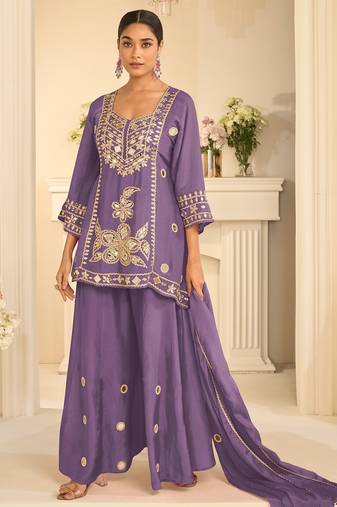 Lavender silk blend mirror work salwar suits free size up to 42