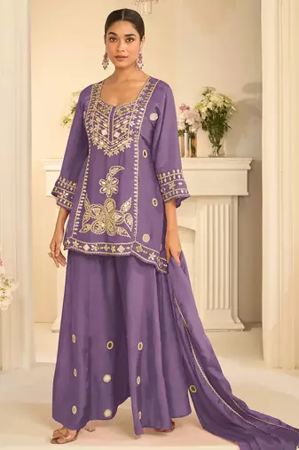 Lavender silk blend mirror work salwar suits free size up to 42