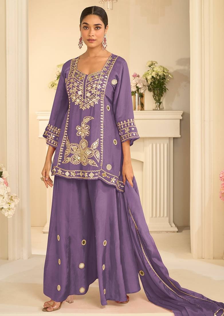 Lavender silk blend mirror work salwar suits free size up to 42
