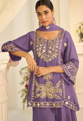Lavender silk blend mirror work salwar suits free size up to 42 2