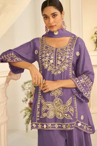 Lavender silk blend mirror work salwar suits free size up to 42