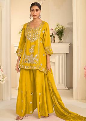 Yellow silk blend mirror work salwar suits free size up to 42 1