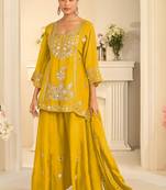 Yellow silk blend mirror work salwar suits free size up to 42