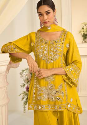 Yellow silk blend mirror work salwar suits free size up to 42 2