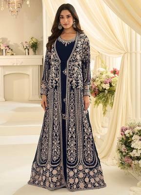 Navy blue silk blend sequins work salwar suits free size up to 42 1