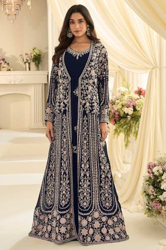 Navy blue silk blend sequins work salwar suits free size up to 42