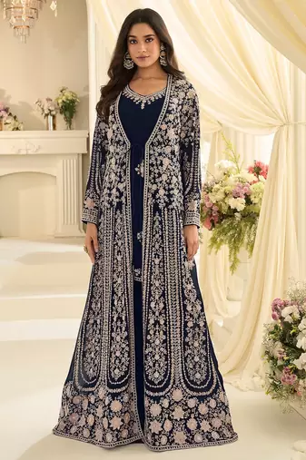 Navy blue silk blend sequins work salwar suits free size up to 42