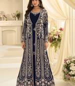 Navy blue silk blend sequins work salwar suits free size up to 42