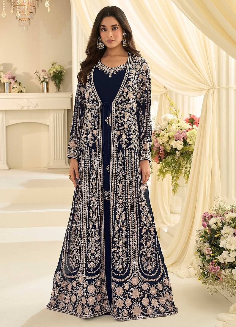 Navy blue silk blend sequins work salwar suits free size up to 42