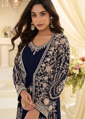 Navy blue silk blend sequins work salwar suits free size up to 42 2