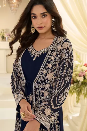 Navy blue silk blend sequins work salwar suits free size up to 42