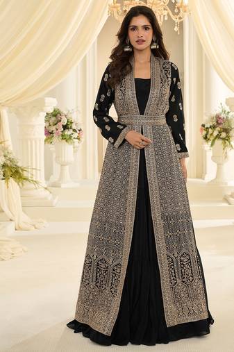 Black silk blend sequins work salwar suits free size up to 42