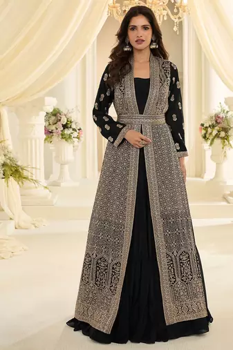 Black silk blend sequins work salwar suits free size up to 42