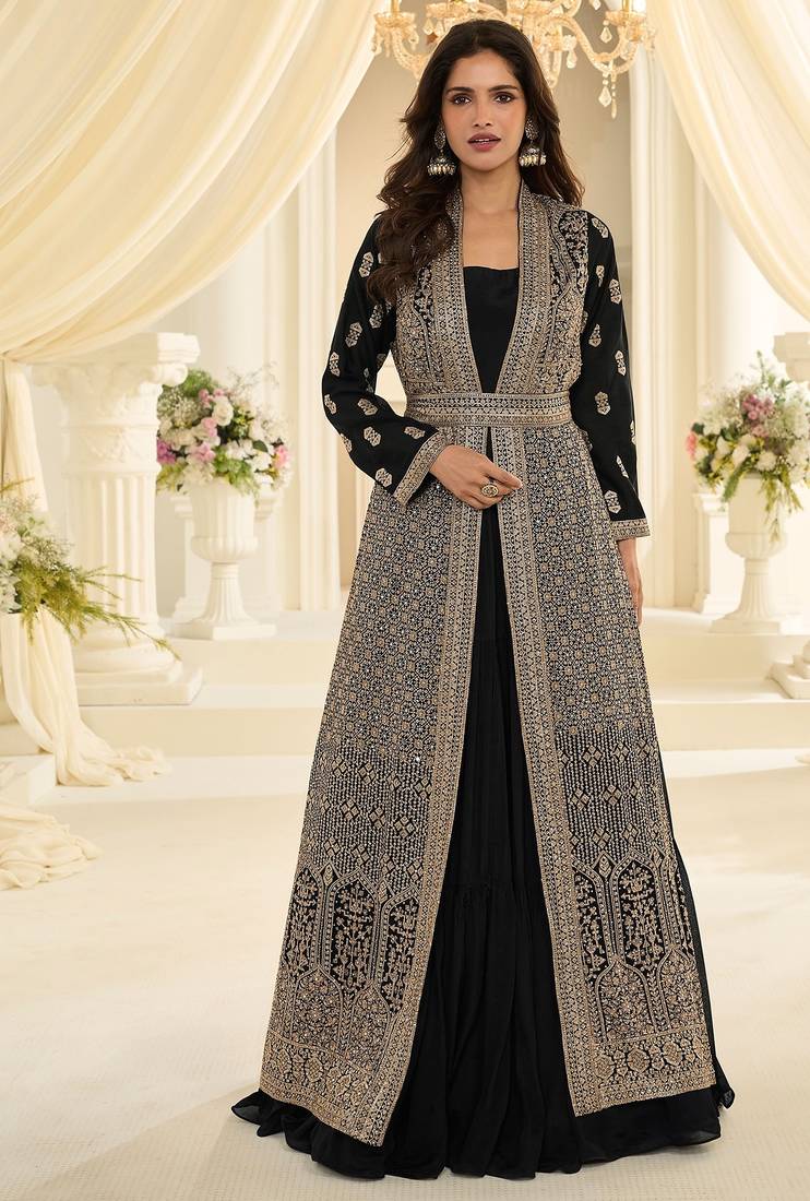 Black silk blend sequins work salwar suits free size up to 42