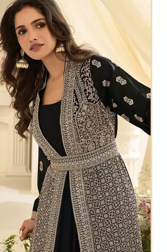 Black silk blend sequins work salwar suits free size up to 42