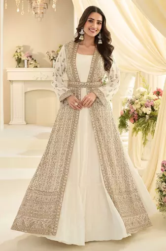 Off white silk blend sequins work salwar suits free size up to 42