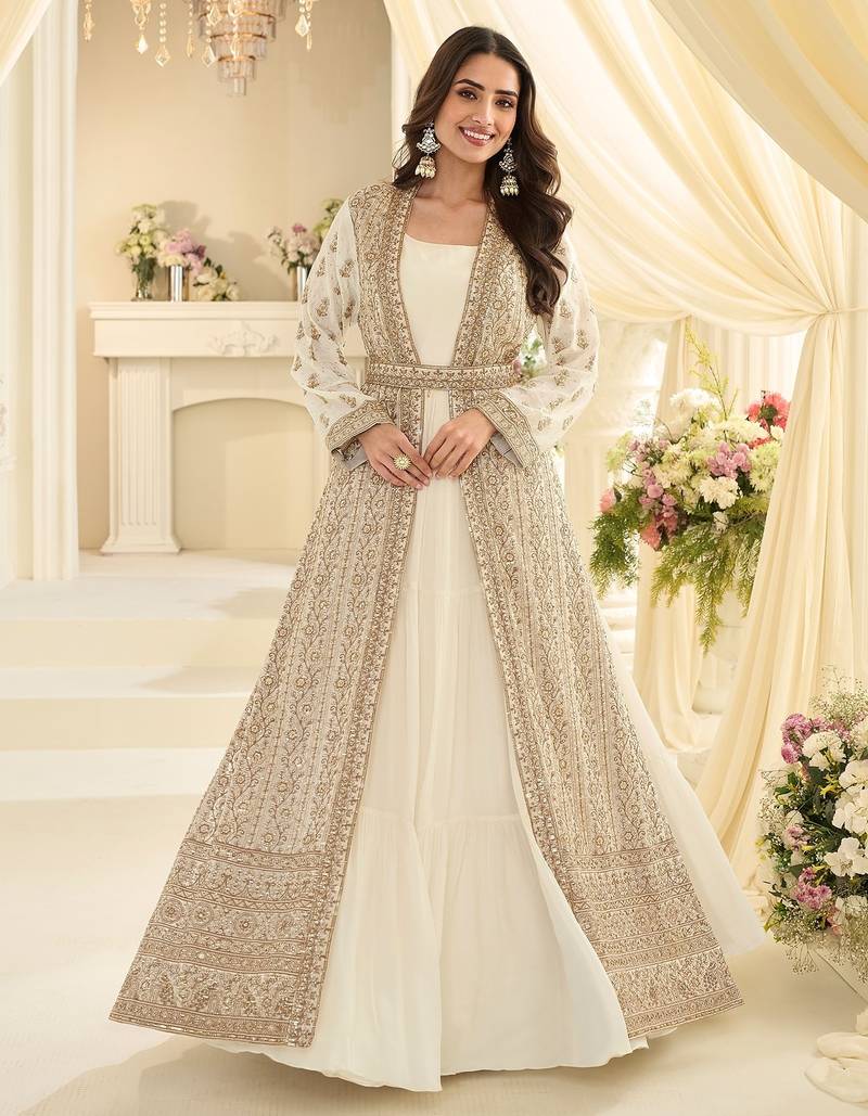 Off white silk blend sequins work salwar suits free size up to 42