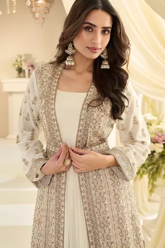 Off white silk blend sequins work salwar suits free size up to 42