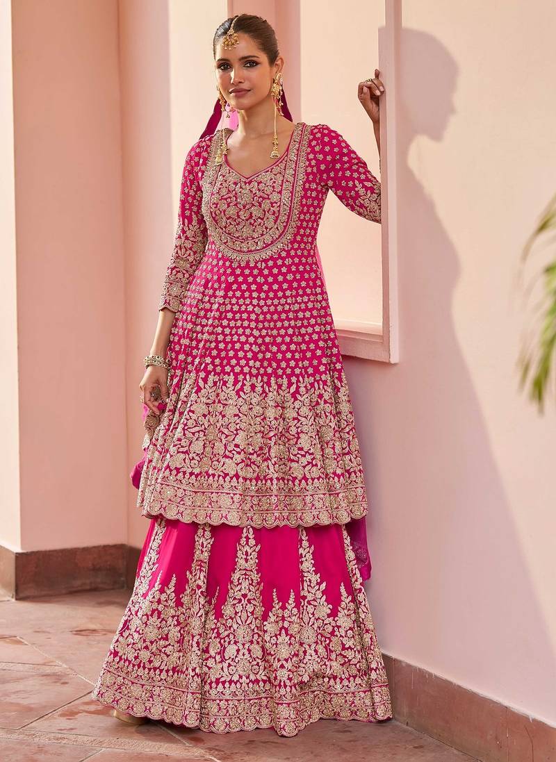 Pink georgette sequins work salwar suits free size up to 42
