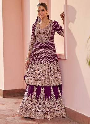 Wine georgette sequins work salwar suits free size up to 42 1