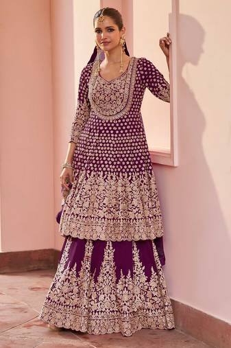 Wine georgette sequins work salwar suits free size up to 42