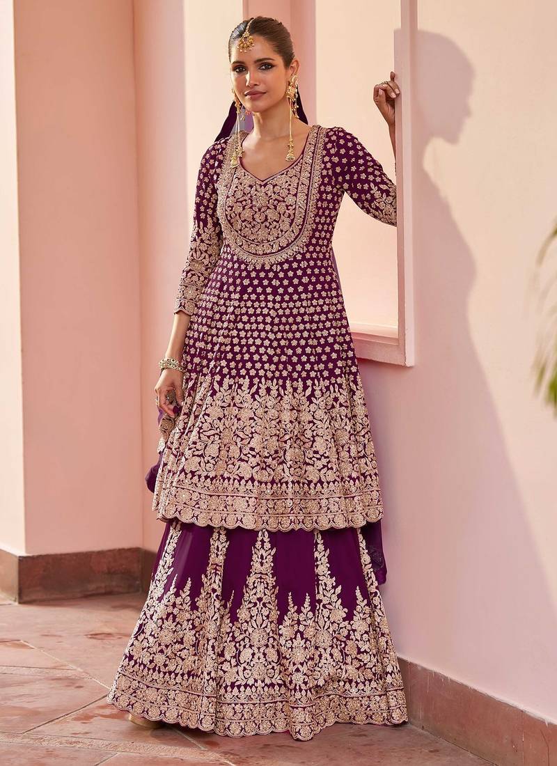Wine georgette sequins work salwar suits free size up to 42