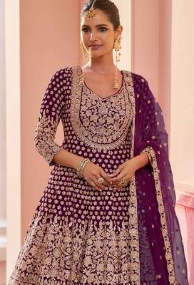 Wine georgette sequins work salwar suits free size up to 42 2