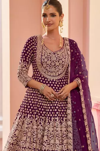 Wine georgette sequins work salwar suits free size up to 42