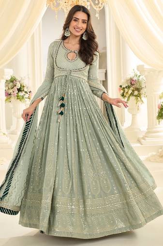 Sea green georgette sequins work salwar suits free size up to 42