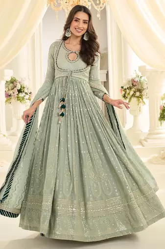 Sea green georgette sequins work salwar suits free size up to 42