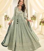Sea green georgette sequins work salwar suits free size up to 42