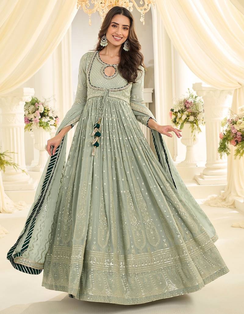 Sea green georgette sequins work salwar suits free size up to 42