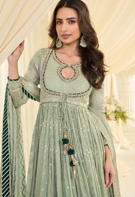 Sea green georgette sequins work salwar suits free size up to 42 2