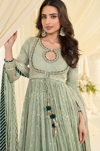 Sea green georgette sequins work salwar suits free size up to 42