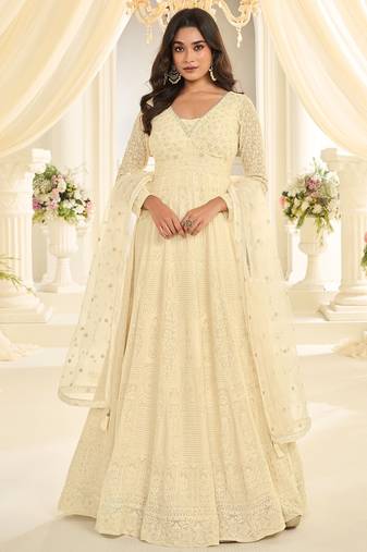 Cream georgette sequins work salwar suits free size up to 42