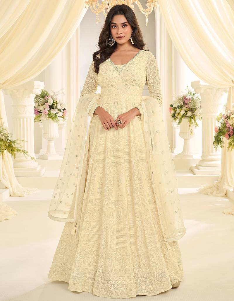 Cream georgette sequins work salwar suits free size up to 42
